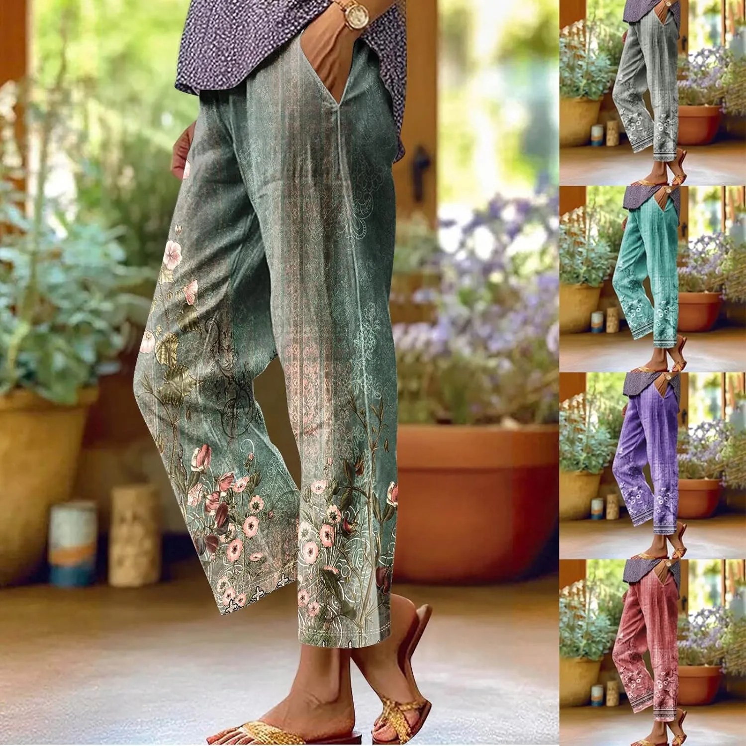 Linen Pants for Women Vintage Floral Printed Casual Summer High Waisted Lightweight Wide Leg Lounge Beach Trousers