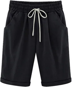 Linen Shorts for Women High Waisted Bermuda Shorts Summer Casual Knee Length Shorts Beach Athletic Shorts with Pocket