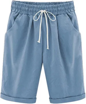 Linen Shorts for Women High Waisted Bermuda Shorts Summer Casual Knee Length Shorts Beach Athletic Shorts with Pocket