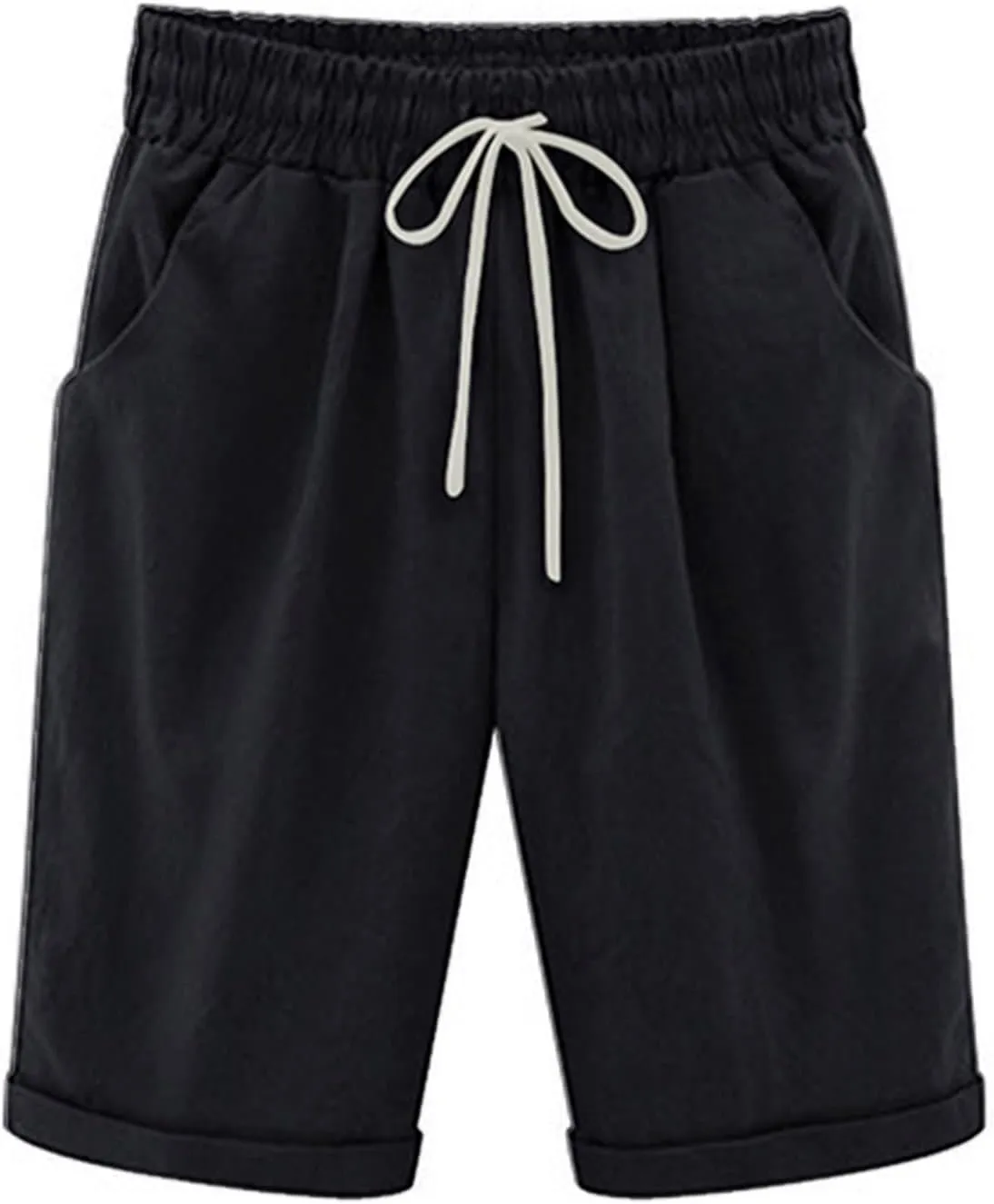 Linen Shorts for Women High Waisted Bermuda Shorts Summer Casual Knee Length Shorts Beach Athletic Shorts with Pocket