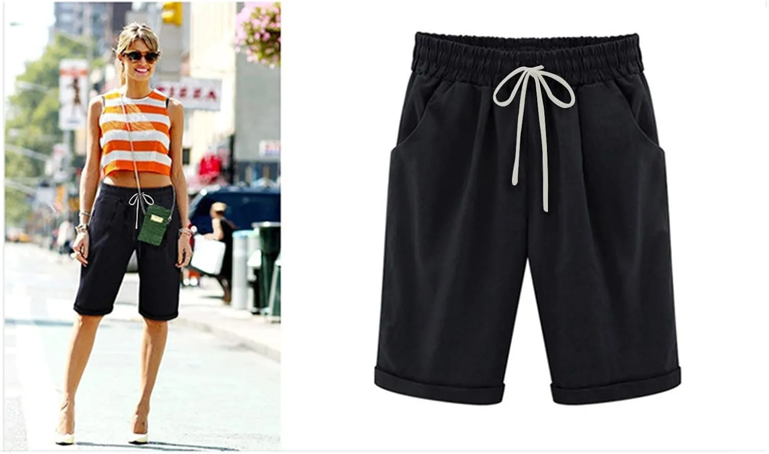 Linen Shorts for Women High Waisted Bermuda Shorts Summer Casual Knee Length Shorts Beach Athletic Shorts with Pocket