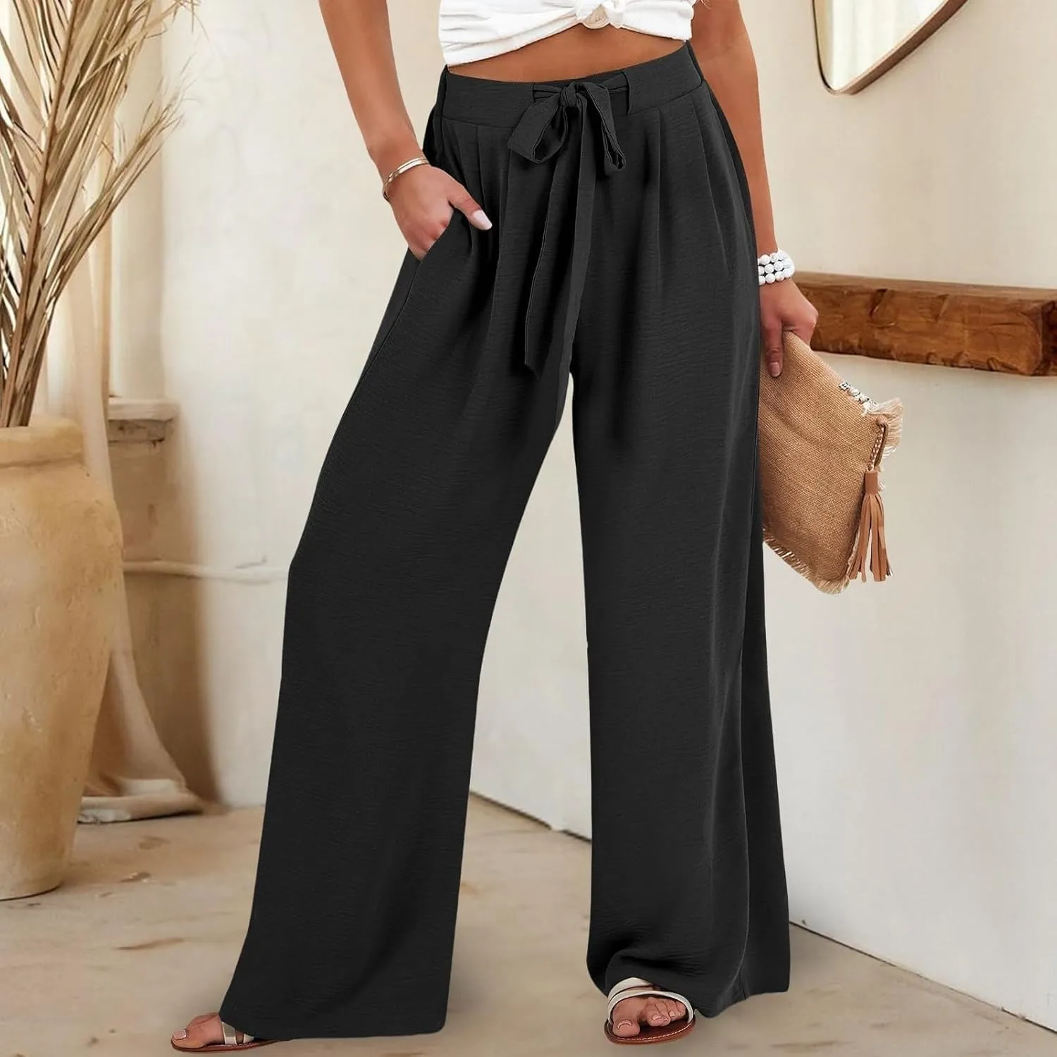 Linen Wide Leg Pants Womens Summer Pants Lightweight Plus Size Button Beach Cotton High Waisted Palazzo Trousers