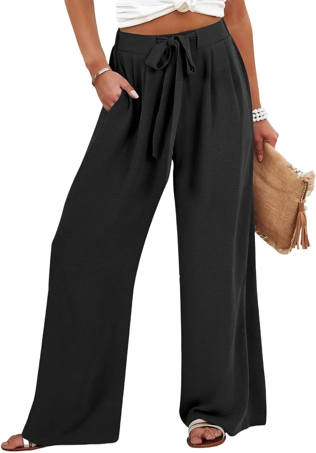 Linen Wide Leg Pants Womens Summer Pants Lightweight Plus Size Button Beach Cotton High Waisted Palazzo Trousers
