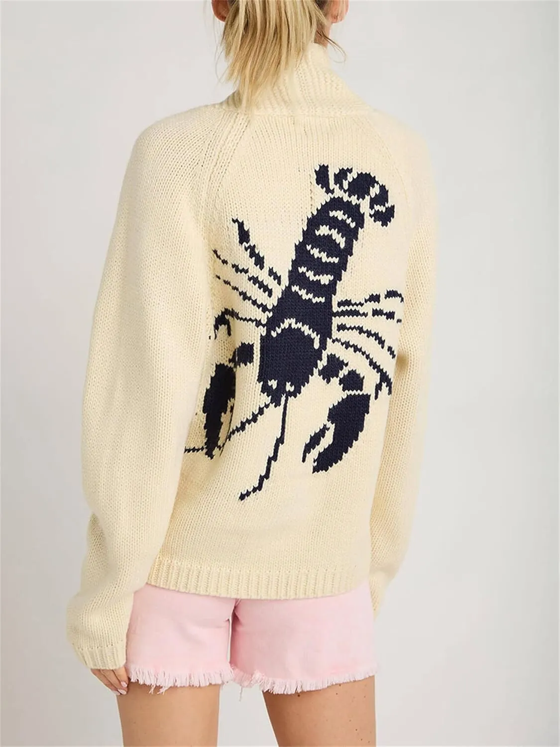 Lobster Knit Sweater Cardigan for Women Y2K Chunky Button Down Sweater Coat Vintage Lightweight Knitwear Cardigans