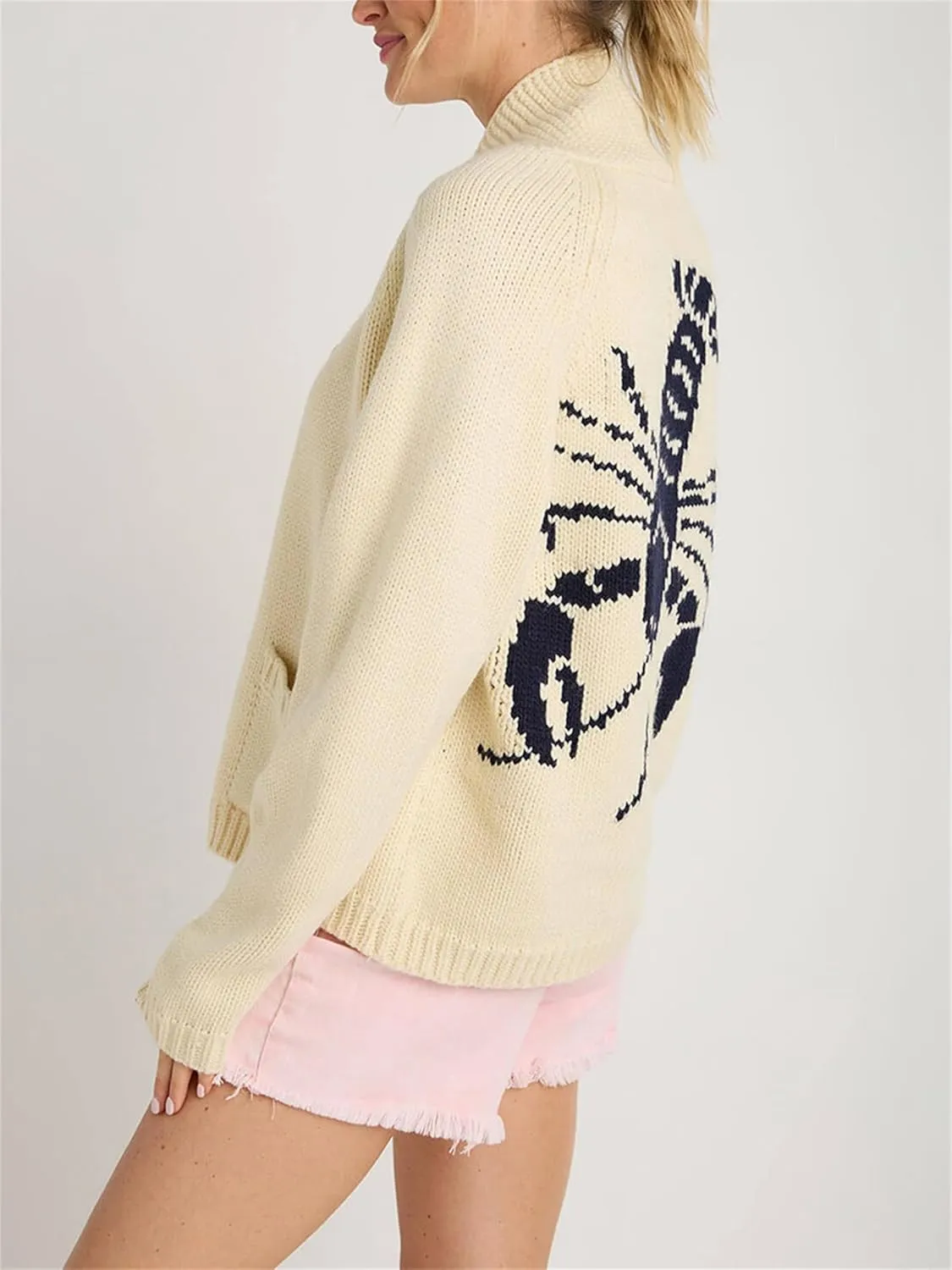 Lobster Knit Sweater Cardigan for Women Y2K Chunky Button Down Sweater Coat Vintage Lightweight Knitwear Cardigans