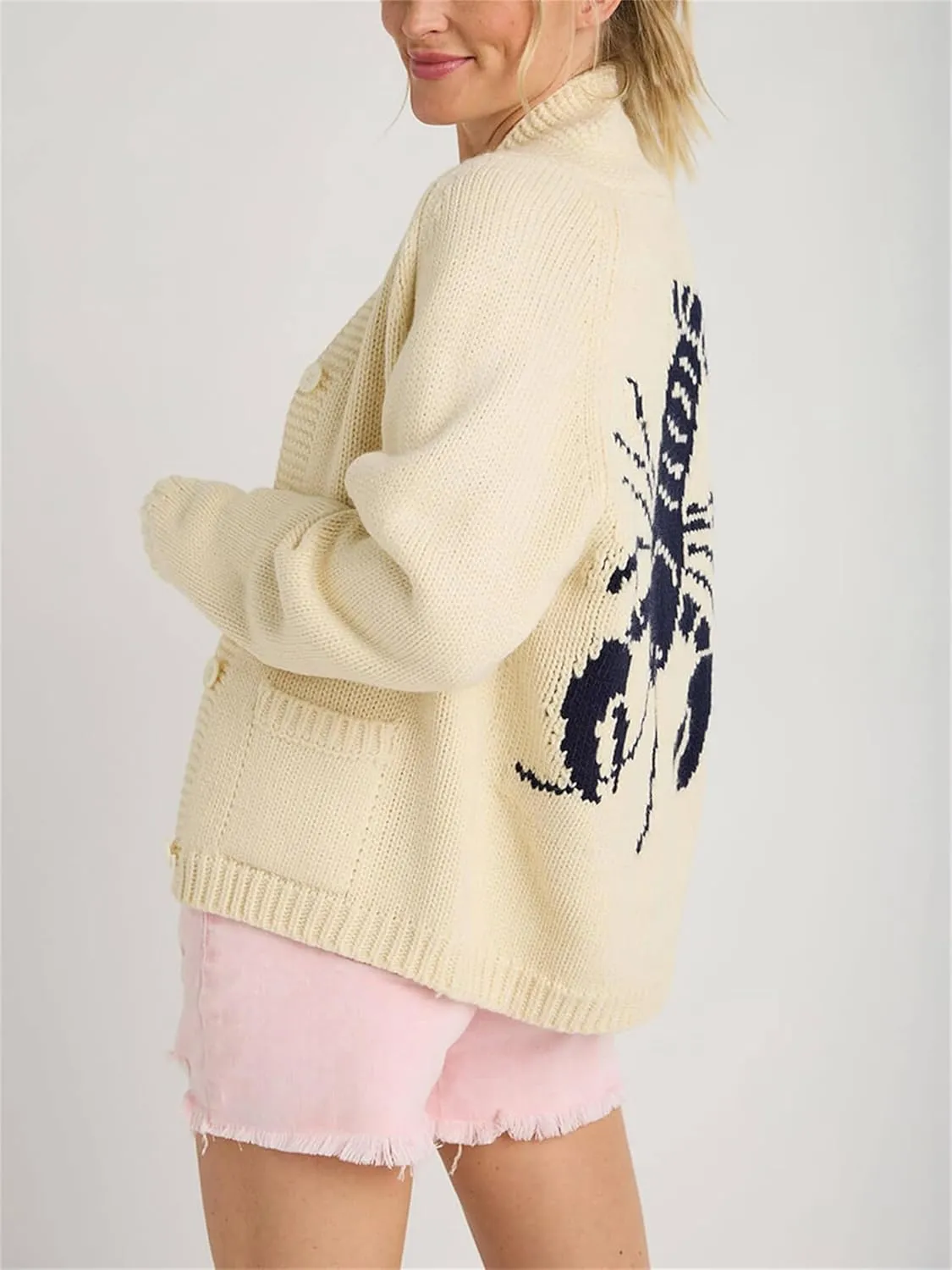 Lobster Knit Sweater Cardigan for Women Y2K Chunky Button Down Sweater Coat Vintage Lightweight Knitwear Cardigans