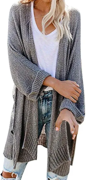Long Chunky Knitted Cardigan for Women Balloon Sleeve Open Front Cardigans Lightweight Casual Trendy Wrap Knitwear