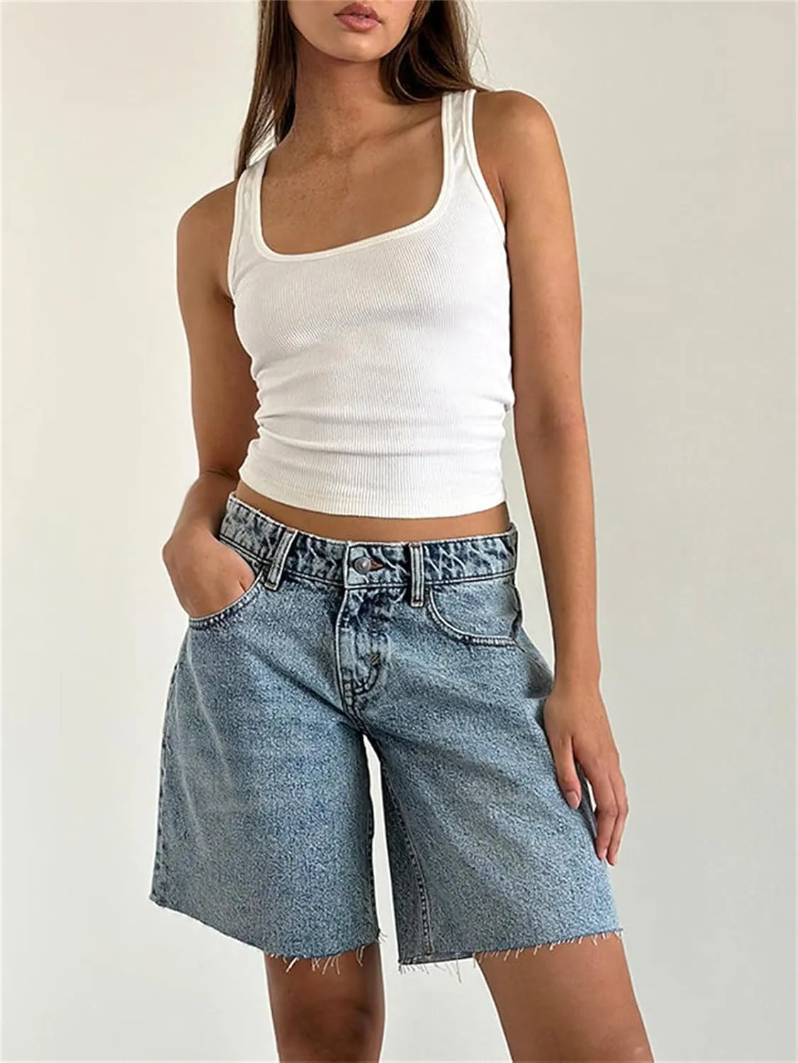 Long Jean Shorts for Women High Waisted Straight Leg Frayed Raw Hem Mid Thigh Denim Shorts Y2k Summer Hot Jorts Pants
