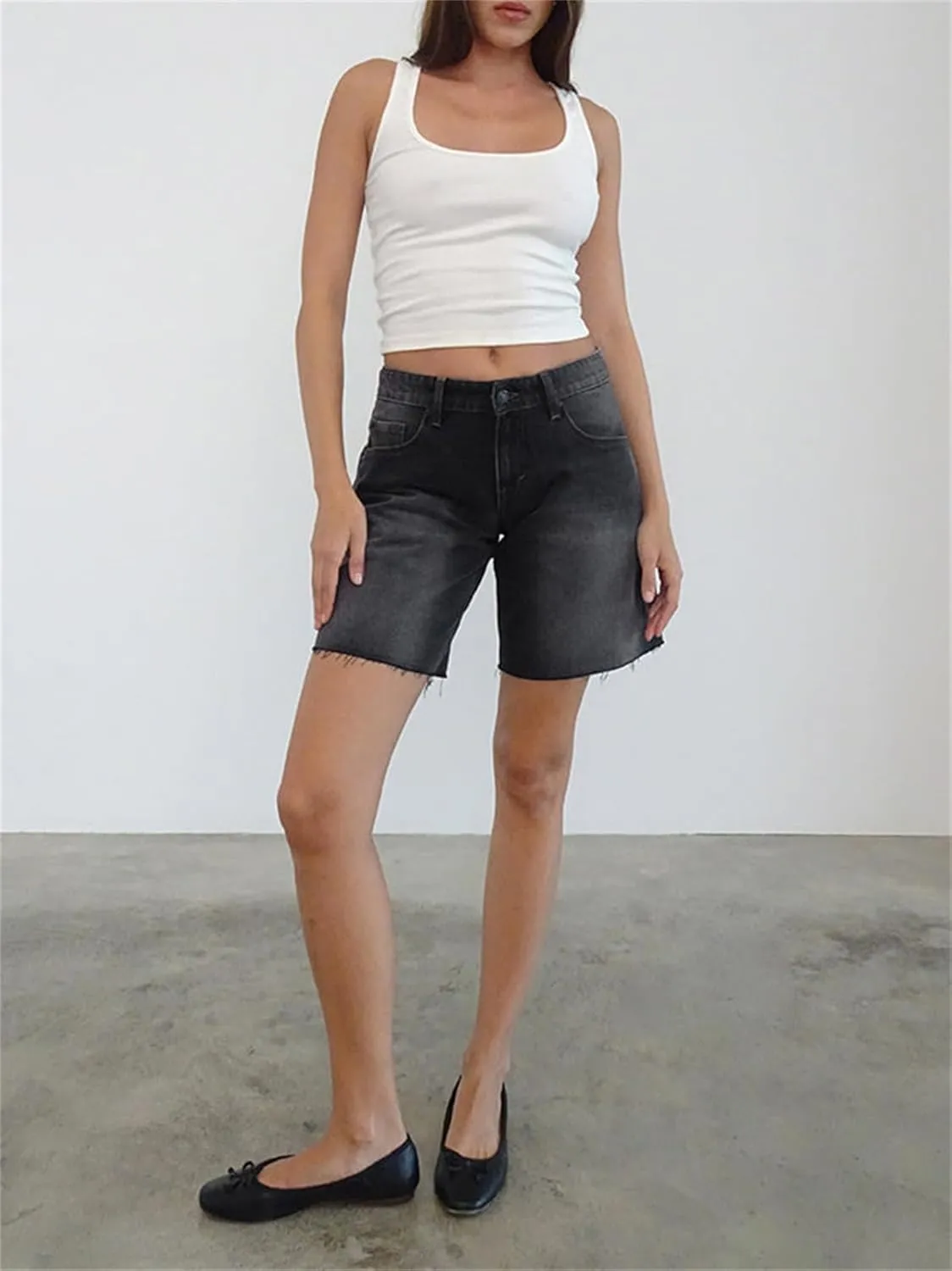 Long Jean Shorts for Women High Waisted Straight Leg Frayed Raw Hem Mid Thigh Denim Shorts Y2k Summer Hot Jorts Pants