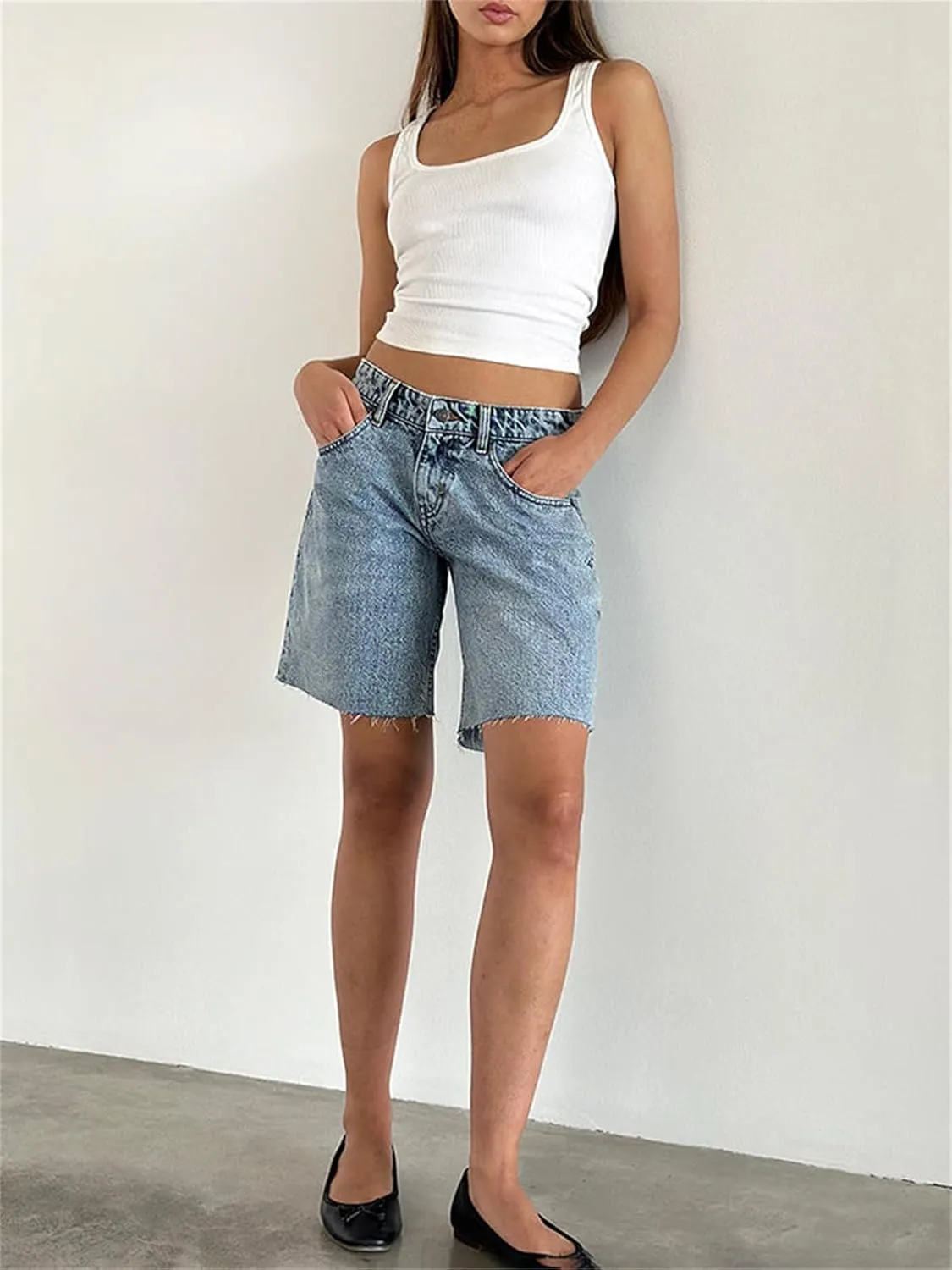 Long Jean Shorts for Women High Waisted Straight Leg Frayed Raw Hem Mid Thigh Denim Shorts Y2k Summer Hot Jorts Pants