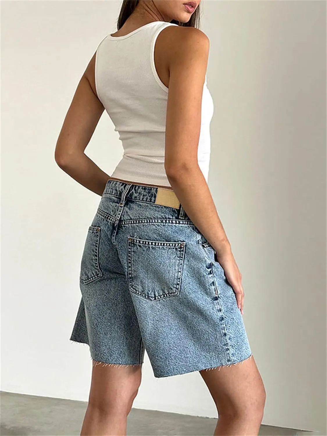 Long Jean Shorts for Women High Waisted Straight Leg Frayed Raw Hem Mid Thigh Denim Shorts Y2k Summer Hot Jorts Pants