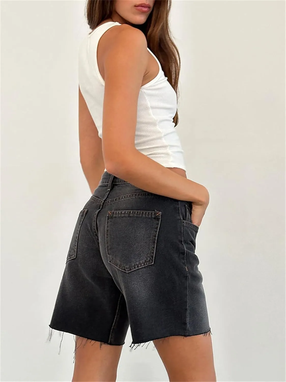 Long Jean Shorts for Women High Waisted Straight Leg Frayed Raw Hem Mid Thigh Denim Shorts Y2k Summer Hot Jorts Pants