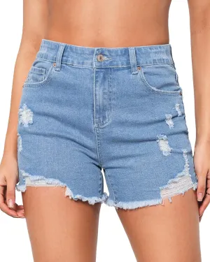 LookbookStore Jean Shorts for Women High Waisted Distressed Frayed Raw Hem Ripped Stretchy Denim Shorts with Pockets