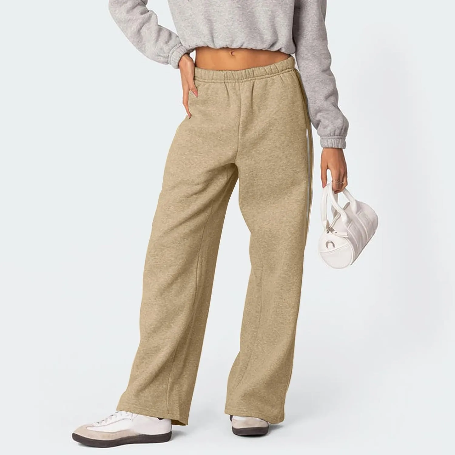 Low Rise Sweatpants Women Baggy Side Striped Fleece Joggers with Pockets Elastic Waist Athletic Vintage Track Pants