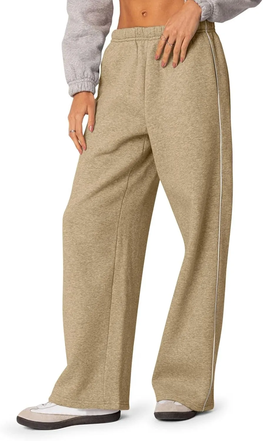 Low Rise Sweatpants Women Baggy Side Striped Fleece Joggers with Pockets Elastic Waist Athletic Vintage Track Pants