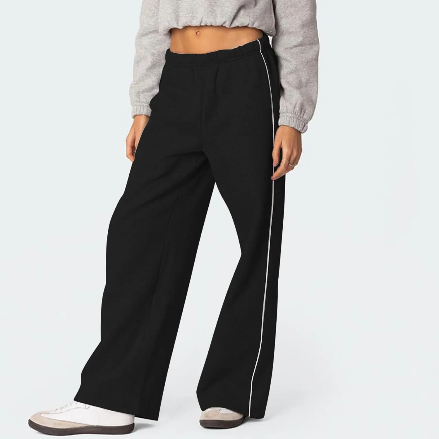 Low Rise Sweatpants Women Baggy Side Striped Fleece Joggers with Pockets Elastic Waist Athletic Vintage Track Pants