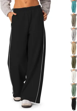 Low Rise Sweatpants Women Baggy Side Striped Fleece Joggers with Pockets Elastic Waist Athletic Vintage Track Pants