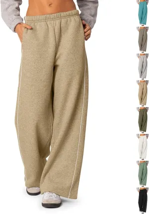 Low Rise Sweatpants Women Baggy Side Striped Fleece Joggers with Pockets Elastic Waist Athletic Vintage Track Pants