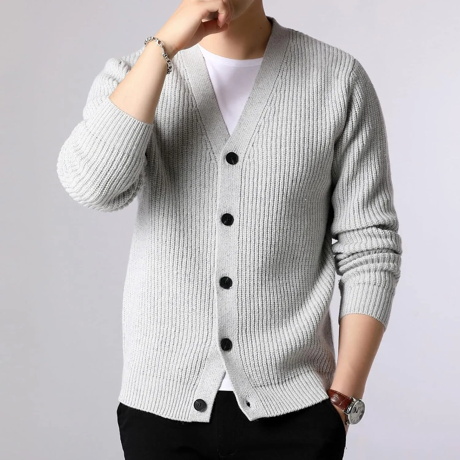 Lu's Chic Men's Long Sleeve Sweater Button Front Cardigans Ribbed Knit Slim Fit V Neck Cardigan Sweater Knitwear