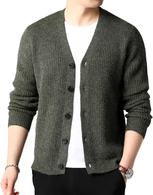 Lu's Chic Men's Long Sleeve Sweater Button Front Cardigans Ribbed Knit Slim Fit V Neck Cardigan Sweater Knitwear