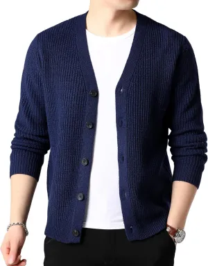 Lu's Chic Men's Long Sleeve Sweater Button Front Cardigans Ribbed Knit Slim Fit V Neck Cardigan Sweater Knitwear