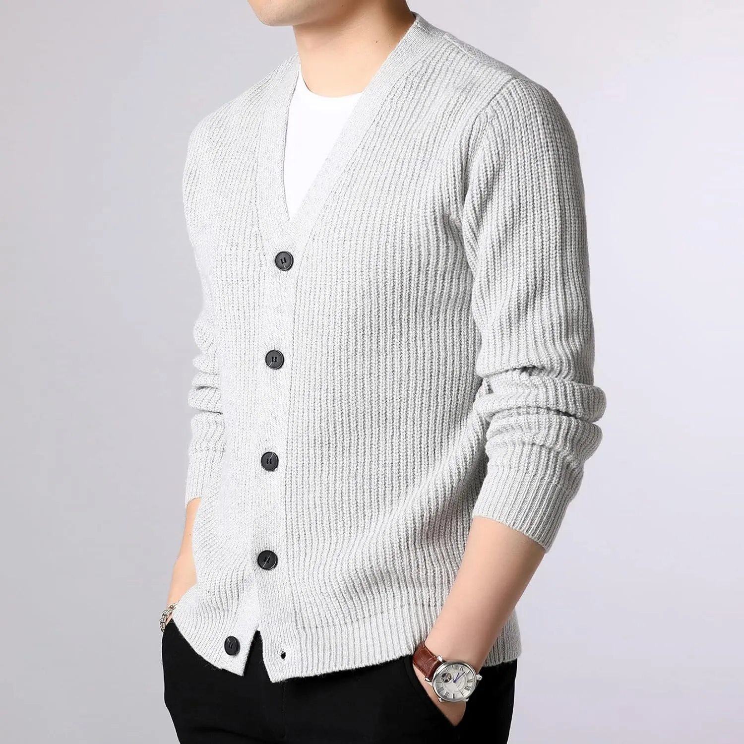 Lu's Chic Men's Long Sleeve Sweater Button Front Cardigans Ribbed Knit Slim Fit V Neck Cardigan Sweater Knitwear