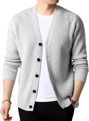 Lu's Chic Men's Long Sleeve Sweater Button Front Cardigans Ribbed Knit Slim Fit V Neck Cardigan Sweater Knitwear