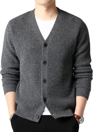 Lu's Chic Men's Long Sleeve Sweater Button Front Cardigans Ribbed Knit Slim Fit V Neck Cardigan Sweater Knitwear