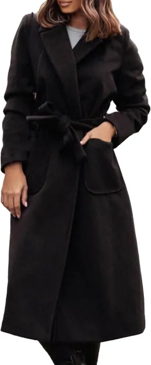 Maiyifu-GJ Women's Mid-Long Wool Blend Trench Coat Fall Winter Notched Lapel Coat Windproof Overcoat Outerwear With Belt