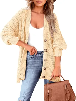 MASCOMODA Women's Long Sleeve Oversized Cable Knit Sweater Cardigan 2024 Fall Open Front Button Down Chunky Knit Outwear Coat
