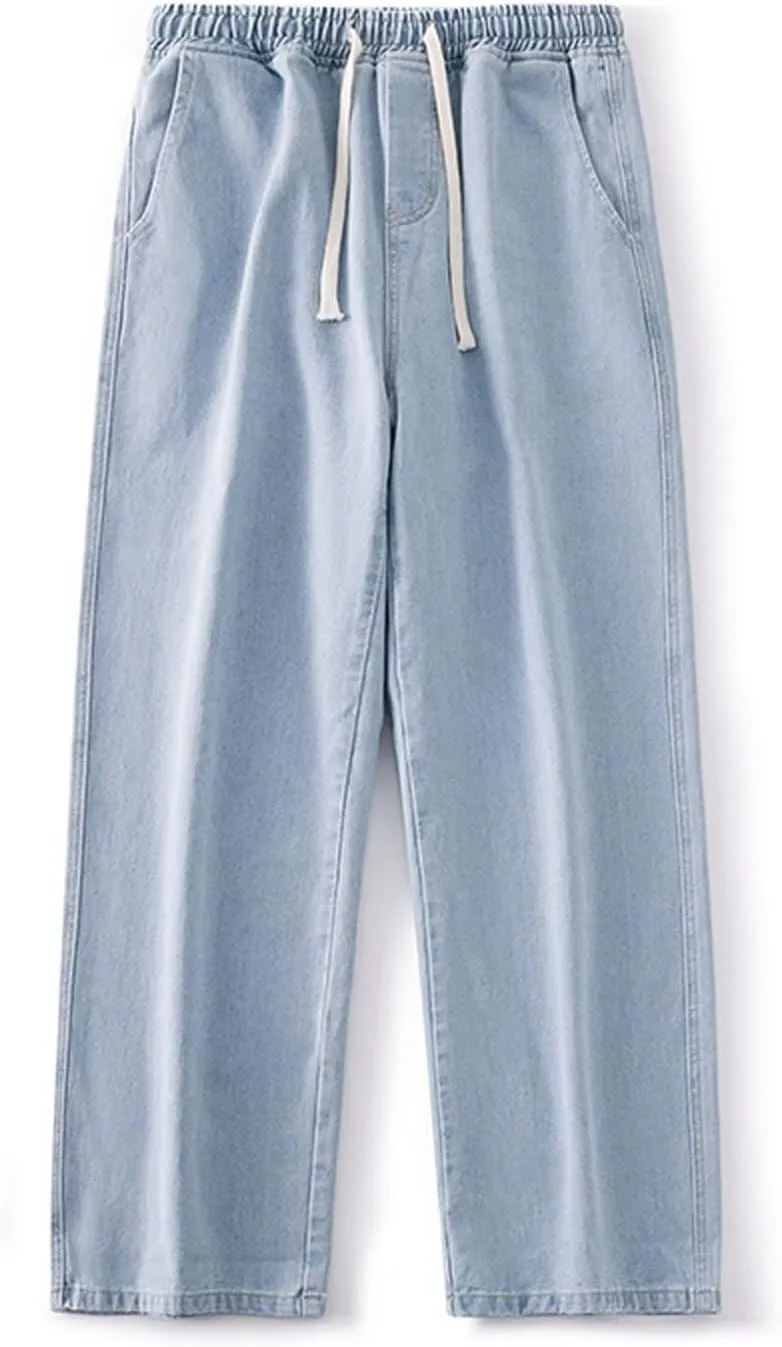 Men Casual Denim Pants Elastic Waist Drawstring Front Straight Leg Trousers 2025 Loose Hiking Summer Pant with Pocket