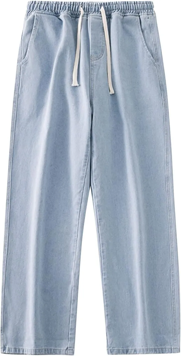 Men Casual Denim Pants Elastic Waist Drawstring Front Straight Leg Trousers 2025 Loose Hiking Summer Pant with Pocket