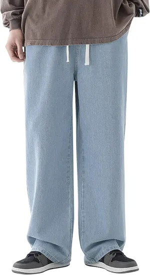 Men Casual Denim Pants Elastic Waist Drawstring Front Straight Leg Trousers 2025 Loose Hiking Summer Pant with Pocket