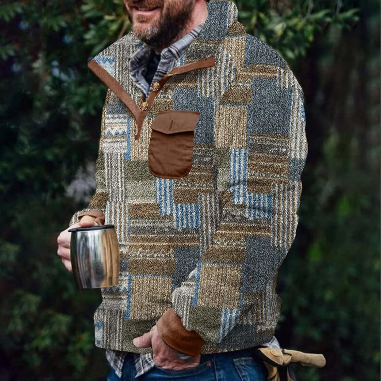 Men Printed Fuzzy Sherpa Polo Sweatshirts Button Up Pullover Tops Collared Sweater with Front Pocket Warm Thermal Tops
