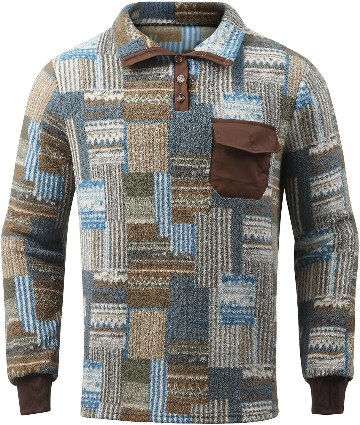 Men Printed Fuzzy Sherpa Polo Sweatshirts Button Up Pullover Tops Collared Sweater with Front Pocket Warm Thermal Tops