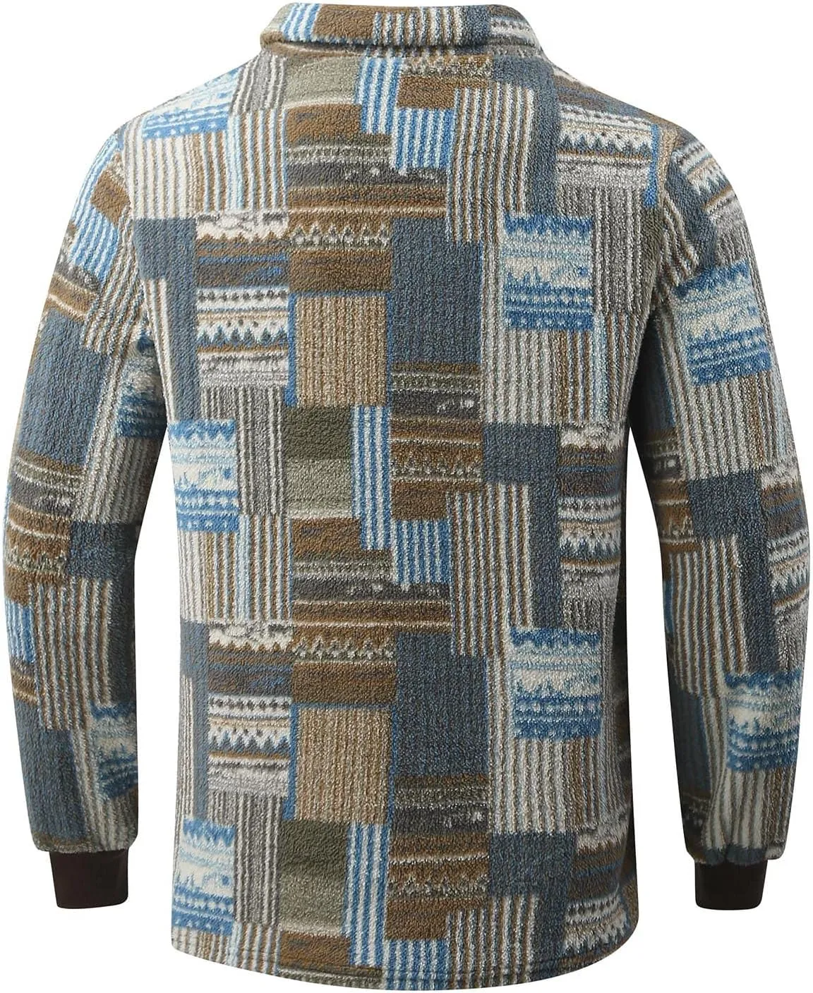 Men Printed Fuzzy Sherpa Polo Sweatshirts Button Up Pullover Tops Collared Sweater with Front Pocket Warm Thermal Tops