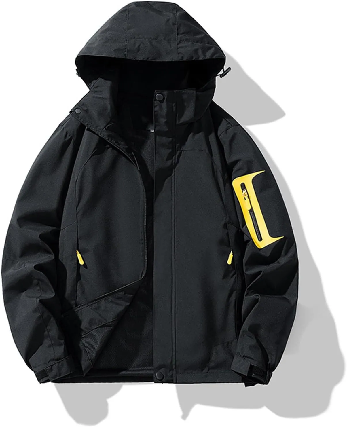 Men Waterproof Jacket Zip Up Hoodie Plus Size Long Sleeve Solid Button Windproof Outdoor Coat with Pocket