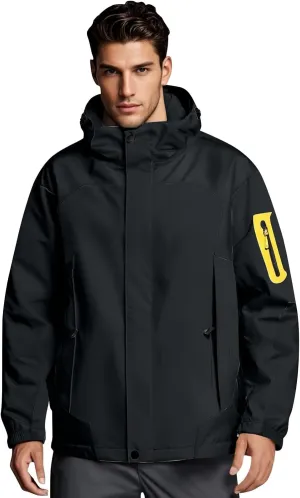 Men Waterproof Jacket Zip Up Hoodie Plus Size Long Sleeve Solid Button Windproof Outdoor Coat with Pocket