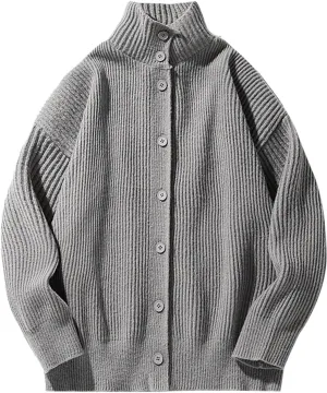 Men Winter Knit Sweater Button Down Knit Cardigan Casual Open Front Sweater Stand Collar Sweaters Solid Color Sweater