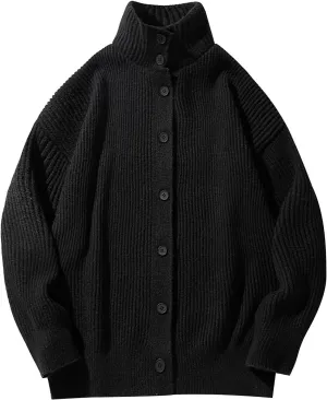 Men Winter Knit Sweater Button Down Knit Cardigan Casual Open Front Sweater Stand Collar Sweaters Solid Color Sweater
