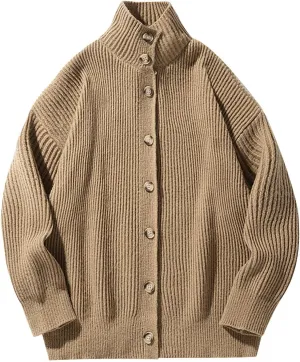 Men Winter Knit Sweater Button Down Knit Cardigan Casual Open Front Sweater Stand Collar Sweaters Solid Color Sweater