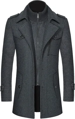 Men Winter Warm Pea Coat Casual Double Collar Woolen Blend Trench Jacket Thicken Mid Length Windproof Pocket Overcoat