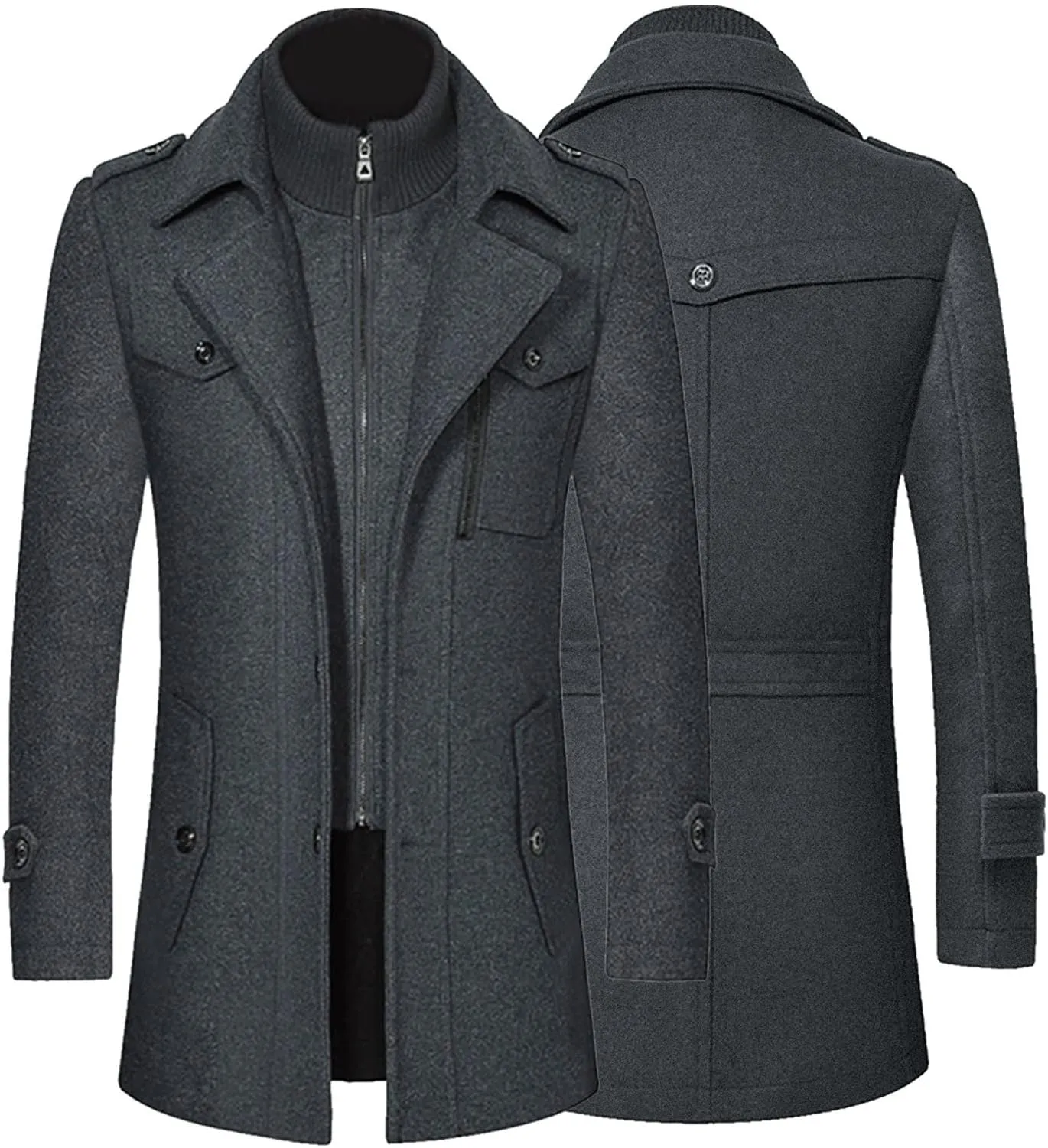 Men Winter Warm Pea Coat Casual Double Collar Woolen Blend Trench Jacket Thicken Mid Length Windproof Pocket Overcoat