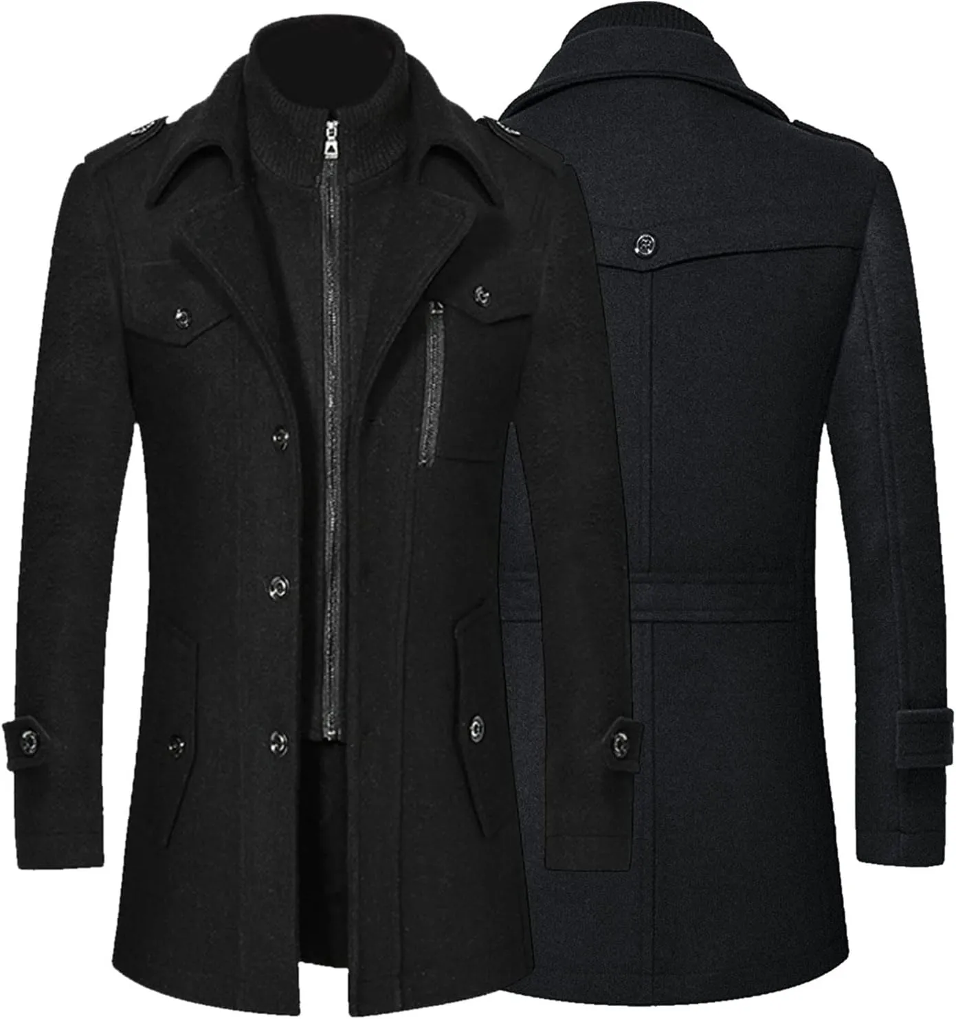 Men Winter Warm Pea Coat Casual Double Collar Woolen Blend Trench Jacket Thicken Mid Length Windproof Pocket Overcoat