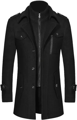 Men Winter Warm Pea Coat Casual Double Collar Woolen Blend Trench Jacket Thicken Mid Length Windproof Pocket Overcoat