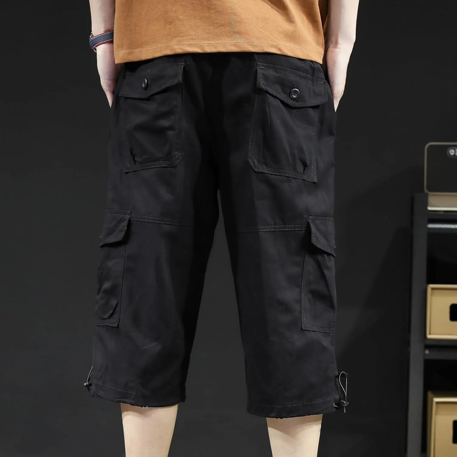 Mens Below Knee Cargo Shorts 3/4 Long Cargo Pants Multi Pocket Workwear Bermuda Shorts Outdoor Sweatpants Capris