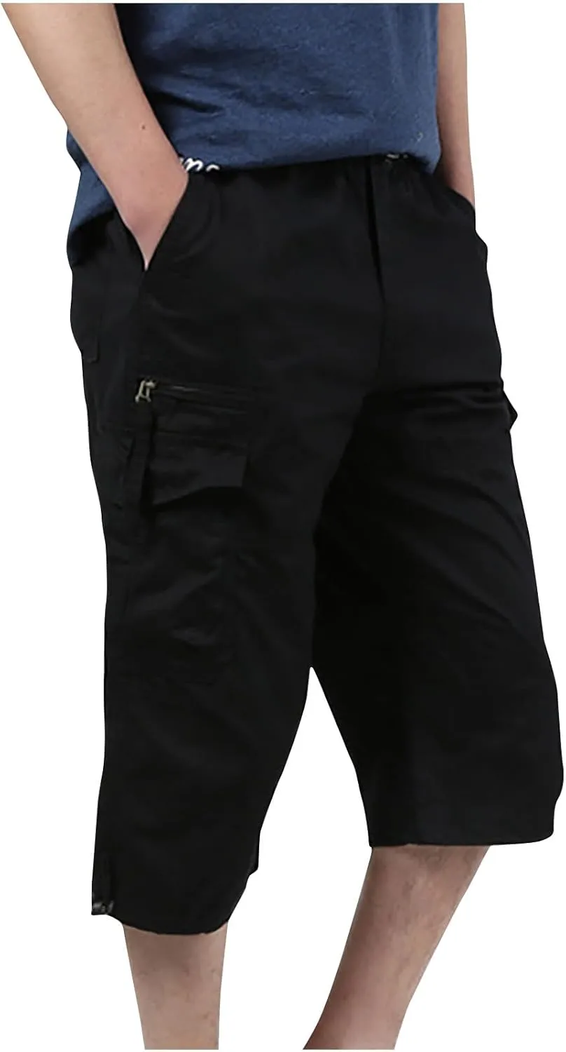 Mens Below Knee Cargo Shorts 3/4 Long Cargo Pants Multi Pocket Workwear Bermuda Shorts Outdoor Sweatpants Capris