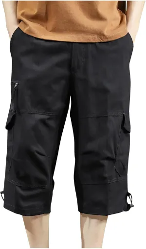 Mens Below Knee Cargo Shorts 3/4 Long Cargo Pants Multi Pocket Workwear Bermuda Shorts Outdoor Sweatpants Capris