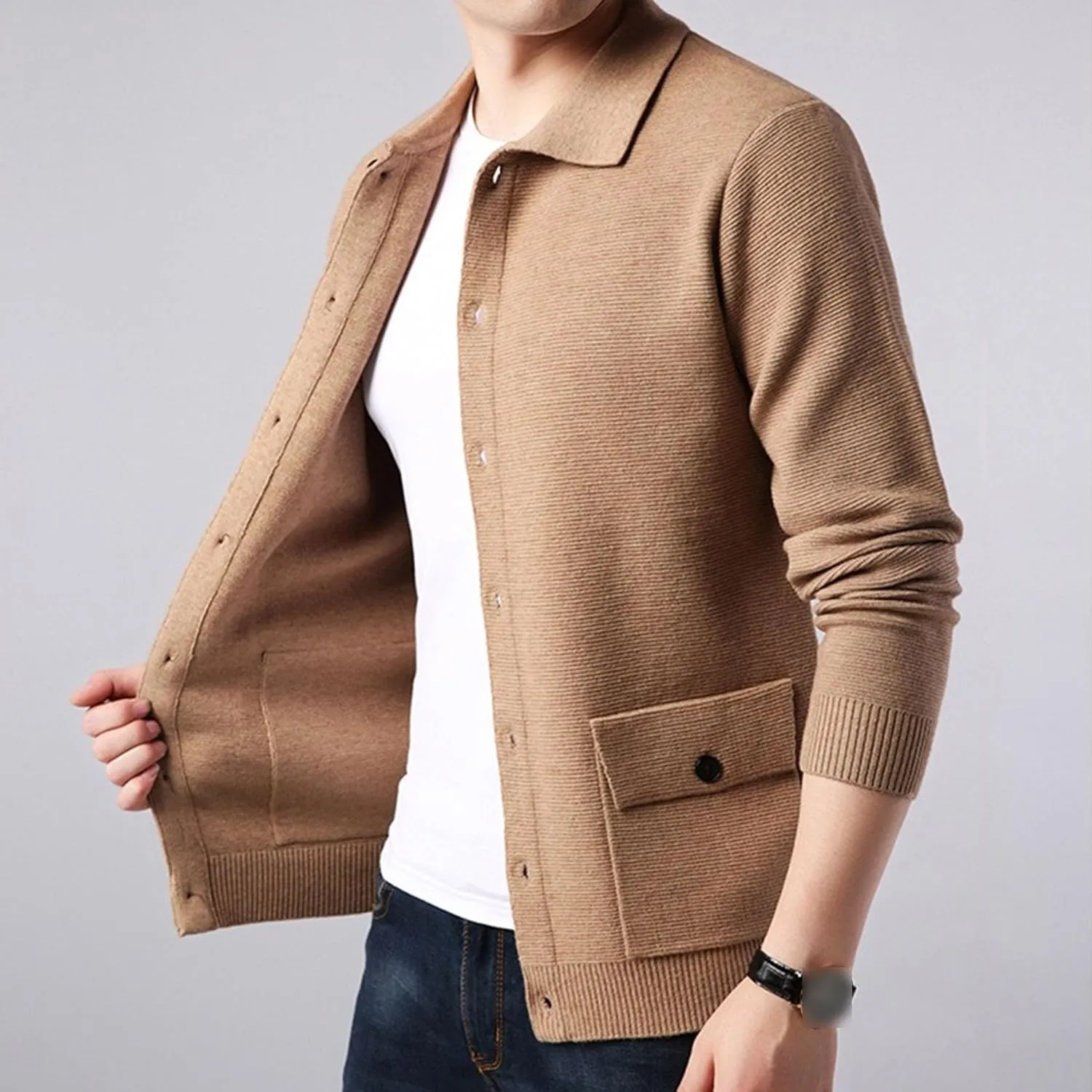 Men's Button Down Cardigan Lapel Sweater Relaxed Fit Casual Pockets Sweater Knitted Solid Soft Sweaters