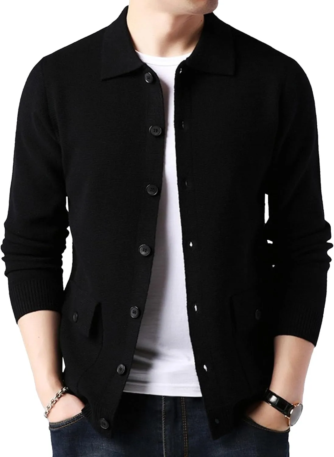 Men's Button Down Cardigan Lapel Sweater Relaxed Fit Casual Pockets Sweater Knitted Solid Soft Sweaters